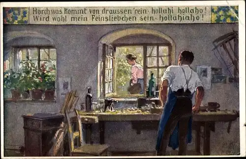 Künstler Ak Hey, Paul, Horch was kommt von draußen rein, Volksliederkarte Nr. 57