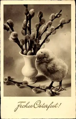 Ak Glückwunsch Ostern, Küken, Weidenkätzchen in Vase