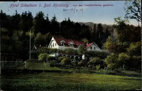 Ak Bad Harzburg in Niedersachsen, Hotel Silberborn von den Gestütswiesen gesehen