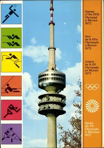 Ak Olympische Spiele München 1972, Olympiaturm, Sport Piktogramme