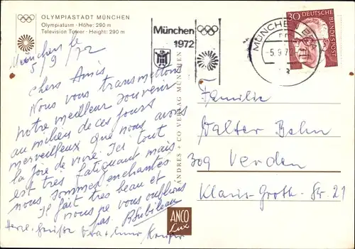 Ak Olympische Spiele München 1972, Olympiaturm, Sport Piktogramme