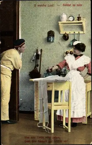 Ak O welche Lust Soldat zu sein, Frau beim Bügeln