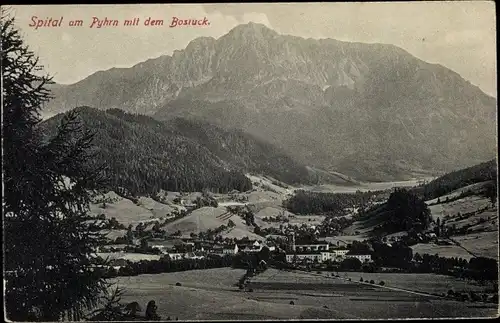 Ak Spital am Pyhrn in Oberösterreich, Panorama vom Ort, Wiesen, Berg Bosruck