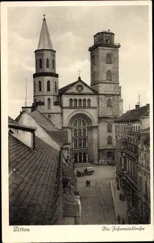 Ak Zittau in der Oberlausitz, Johanniskirche, Außenansicht, zwei Türme