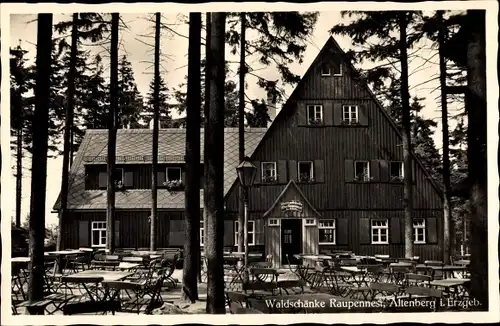 Ak Altenberg im Osterzgebirge, Waldschänke Raupennest, Außenansicht, Tische u. Stühle, Laterne