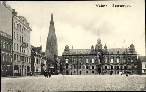 Ak Malmö Schweden, Stortorget, Berlitz School, Kirche