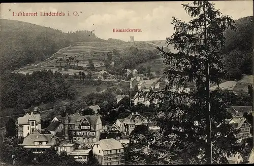 Ak Lindenfels im Odenwald Hessen, Teilansicht vom Ort, Bismarckwarte, Wald