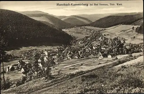 Ak Kammerberg Manebach Ilmenau Thüringen, Panorama vom Ort, Hügellandschaft, Wiesen, Wald