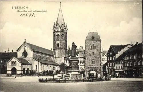 Ak Lutherstadt Eisenach in Thüringen, Nicolaitor, Kirche, Lutherdenkmal