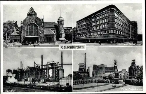 Ak Gelsenkirchen im Ruhrgebiet, Bahnhof, Hans Sachs Haus, Hochöfen, Zeche Consolldation