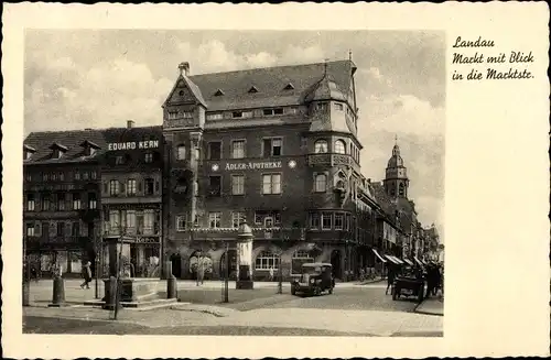 Ak Landau in der Pfalz, Markt, Marktstraße, Adler Apotheke, Eduard Kern, Brunnen, Automobile