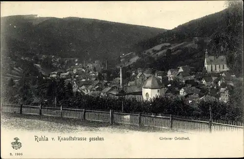 Ak Ruhla in Westthüringen, Unterer Ortsteil, Blick v. d. Knaudtstraße, Kirche, Hügel