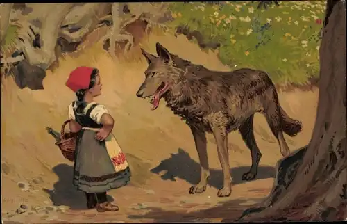 Künstler Litho Hey, Paul, Rottkäppchen, Böser Wolf, Meissner & Buch 1874