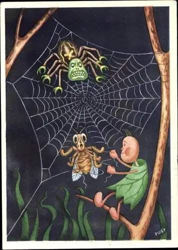 Künstler Ak Wichtel, Spinne, Fliegen im Spinnennetz