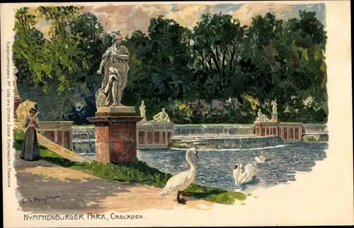 Künstler Litho Bergen, Fritz, München Bayern, Nymphenburger Park, Cascaden, Statue, Schwäne, Frau