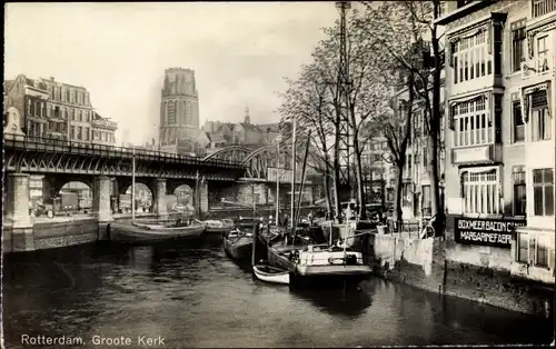 Ak Rotterdam Südholland Niederlande, Groote Kerk, Brücke, Kanal, Boote