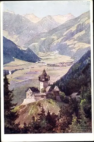 Künstler Ak Scheiring, Leopold, Obervellach in Kärnten, Panorama vom Ort, Schloss Falkenstein, Berge