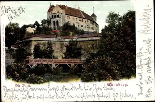 Ak Nürnberg in Mittelfranken Bayern, Die Burg, Außenansicht m. Brücke