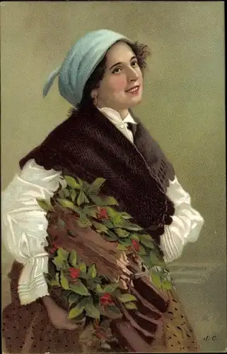 Künstler Litho Portrait einer Frau, blaues Kopftuch, Schultertuch