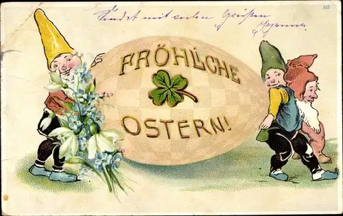 Litho Glückwunsch Ostern, Zwerge schleppen ein Osterei, Kleeblatt, Vergissmeinnicht