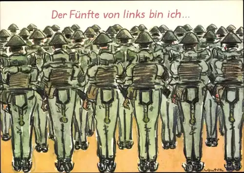 Künstler Ak Vontra, Gerhard, Der Fünfte von links bin ich, DDR Soldaten, Appell, Marschgepäck, Humor