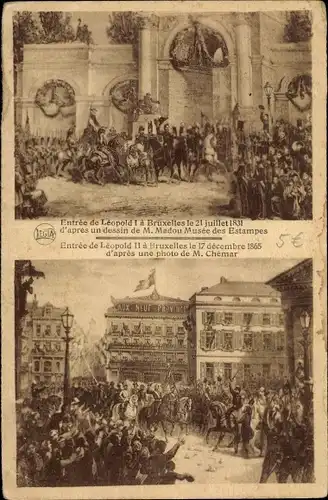Künstler Ak Bruxelles Brüssel, Entrée de Léopold I., 21.7.1831, Leópold II., 17.12.1865