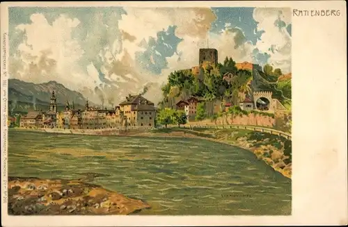 Litho Rattenberg in Tirol, Wasserpartie, Burg