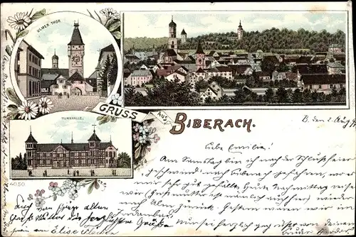 Litho Biberach an der Riß in Oberschwaben, Ulmer Tor, Turnhalle, Stadtpanorama