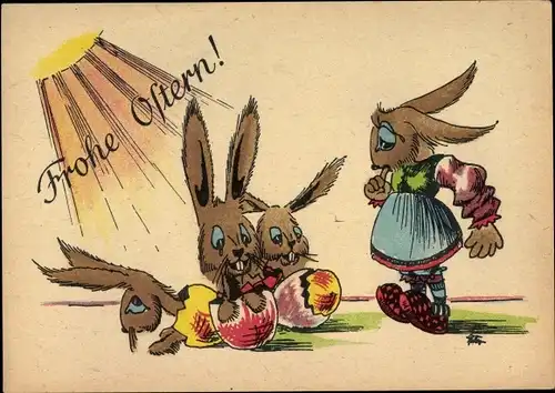 Künstler Ak Glückwunsch Ostern, Osterhasen schlüpfen aus Eiern