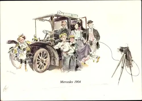 Künstler Ak Mercedes 1904, Familie vor ihrem Automobil, Fotoapparat