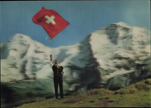 3 D Ak Schweiz, Mann in Tracht, Schweizer Flagge, Alpenpanorama