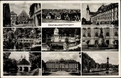 Ak Donaueschingen im Schwarzwald, Ortsansicht, Haus Mall, Fürstl. Schloss, Stadtkirche, Dianabrunnen