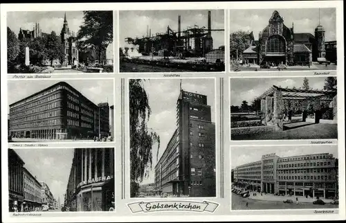 Ak Gelsenkirchen im Ruhrgebiet, Rathaus, Hochöfen, Bahnhof, Hans Sachs Haus, Sparkasse