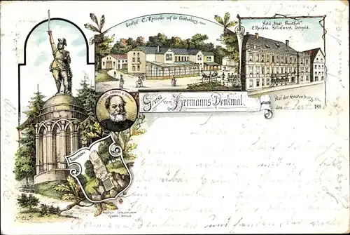 Litho Detmold in Nordrhein Westfalen, Hermannsdenkmal, Gasthof C. Reineke, Hotel Stadt Frankfurt