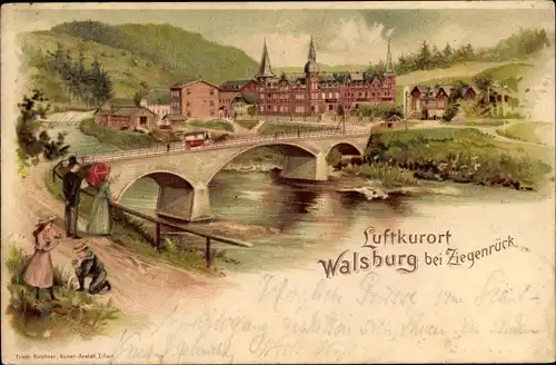 Litho Walsburg Eßbach in Thüringen, Brücke, Panorama 