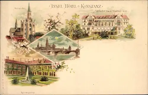 Litho Konstanz am Bodensee, Insel Hotel, Münster, Rheinbrücke, Kreuzgang