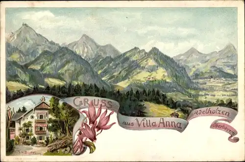 Künstler Litho Bistram, A., Adelholzen Siegsdorf in Oberbayern, Villa Anna, Landschaftspanorama