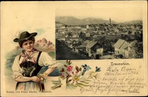 Präge Passepartout Ak Traunstein in Oberbayern, Stadtpanorama, Frau in Volkstracht