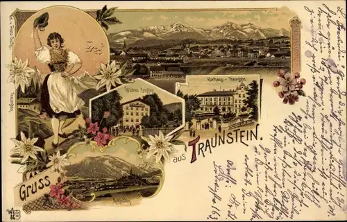 Litho Traunstein in Oberbayern, Wildbad Empfing, Kurhaus, Ruhpolding, Frau in Volkstracht