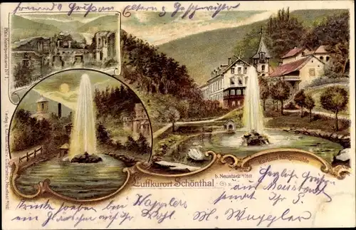 Litho Schönthal in der Oberpfalz, Kurhaus Königsmühle, Wolfsburg, Springbrunnen 