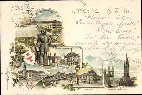 Wappen Litho Halle an der Saale, Bahnhof, Marktkirche, Stadttheater, Rathaus, Postgebäude, Denkmal