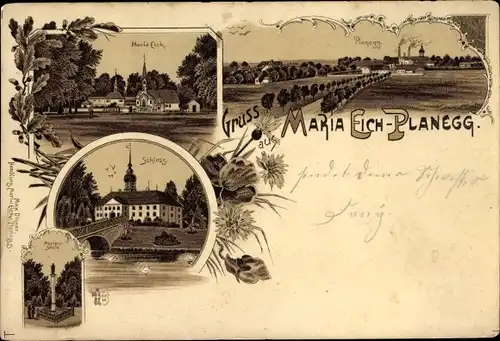 Litho Planegg in Oberbayern, Maria Eich, Mariensäule, Schloss