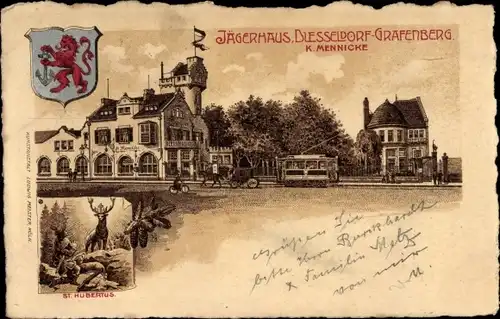 Wappen Litho Grafenberg Düsseldorf am Rhein, Jägerhaus, Bes. K. Mennicke, St. Hubertus