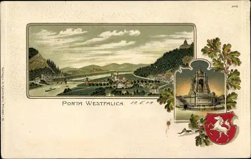 Präge Wappen Litho Porta Westfalica in Nordrhein Westfalen, Kaiser Wilhelm Denkmal, Panorama 