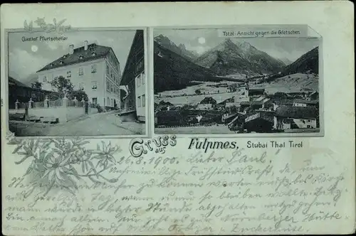 Mondschein Ak Fulpmes in Tirol, Gasthof Pfurtscheller, Totalansicht, Gletscher
