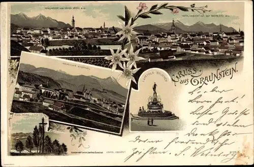 Litho Traunstein in Oberbayern, Luitpold Brunnen, Stadtpanorama