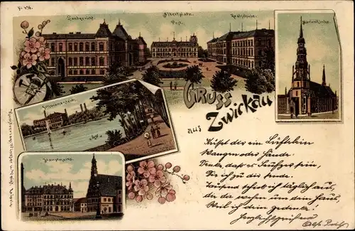 Litho Zwickau in Sachsen, Landgericht, Marienkirche, Schwanenteich, Albertplatz, Realschule