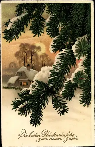 Künstler Ak Glückwunsch Neujahr, Tannenbaum, Haus, Schneelandschaft