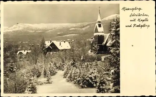 Ak Szklarska Poręba Schreiberhau Riesengebirge Schlesien, Ortsansicht, Kapelle, Schnee, Hochgebirge