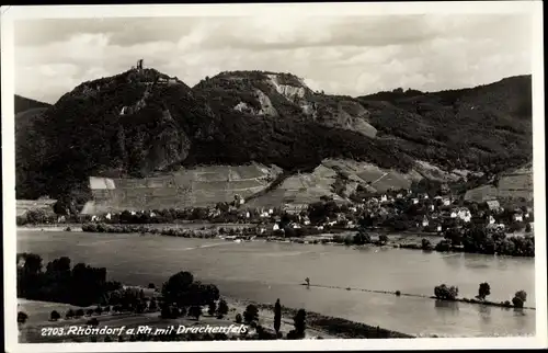 Ak Rhöndorf Bad Honnef Rhein Sieg Kreis, Teilansicht vom Ort, Rheinpartie, Burgruine Drachenfels, 